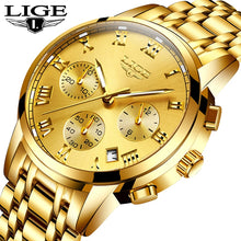 Load image into Gallery viewer, Reloj Hombre LIGE All Gold Watches Mens 2020 Luxury Fashion Quartz Wristwatch Analog Chronograph Men Watch Waterproof Clock+Box