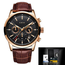 Load image into Gallery viewer, Reloje 2020 LIGE Stainless Steel Rose Gold Case Men Watch Male Leather Automatic date Quartz Watches Mens Waterproof Sport Clock