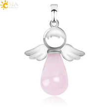 Load image into Gallery viewer, CSJA Natural Stones Angels Pendant for Necklace Pink Quartz Onyx Pendants Silver-color Water Drop Female Child Jewelry Gift E949