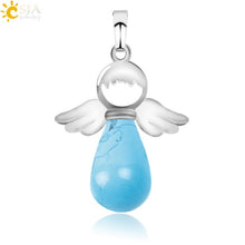 Load image into Gallery viewer, CSJA Natural Stones Angels Pendant for Necklace Pink Quartz Onyx Pendants Silver-color Water Drop Female Child Jewelry Gift E949