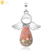 Load image into Gallery viewer, CSJA Natural Stones Angels Pendant for Necklace Pink Quartz Onyx Pendants Silver-color Water Drop Female Child Jewelry Gift E949
