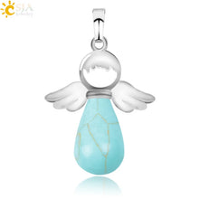 Load image into Gallery viewer, CSJA Natural Stones Angels Pendant for Necklace Pink Quartz Onyx Pendants Silver-color Water Drop Female Child Jewelry Gift E949