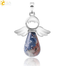 Load image into Gallery viewer, CSJA Natural Stones Angels Pendant for Necklace Pink Quartz Onyx Pendants Silver-color Water Drop Female Child Jewelry Gift E949