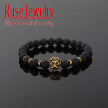 Load image into Gallery viewer, Men Bracelet Natural Stone Hematite Lava Beads Bracelet Gold Silver Color Lion Head Cown Charm Bracelet Jewelry for Women Men