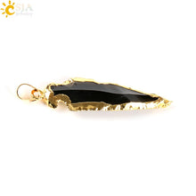 Load image into Gallery viewer, CSJA Natural Black Indian Onyx Arrowhead Pendant Electroplated Gold Color Raw Stone Energy Luxury Handmade Necklace Jewelry E310