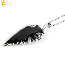 Load image into Gallery viewer, CSJA Natural Black Indian Onyx Arrowhead Pendant Electroplated Gold Color Raw Stone Energy Luxury Handmade Necklace Jewelry E310