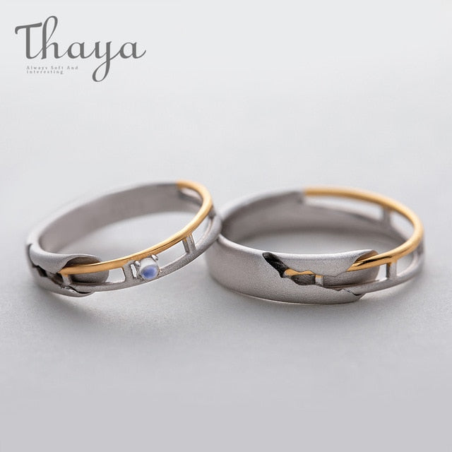 Thaya Train Rail Design Moonstone Lover Rings Gold and Hollow 925 Silver Eleglant Jewelry for Women Gemstone Sweet Gift