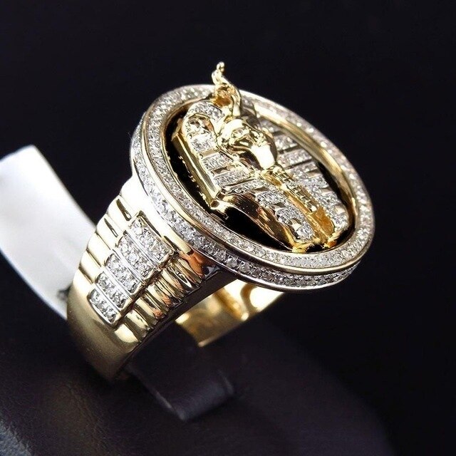 Gold Silver Color Egyptian King Ring Crystal Mouted Tutankhamun Pharaoh Men Hand Jewelry Rings Accessories Gifts