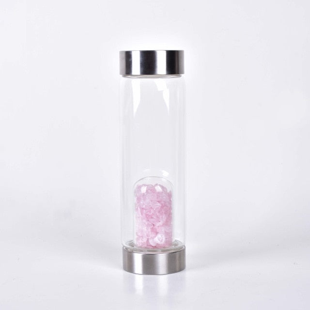 Natural Quartz Gemstone Crystal Glass Elixir Water Bottle Point Hand-Carved Gemstone Healing Glass Energyr Water Bottle