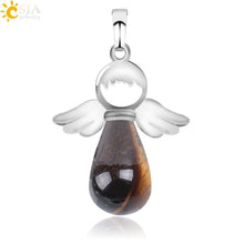 Load image into Gallery viewer, CSJA Natural Stones Angels Pendant for Necklace Pink Quartz Onyx Pendants Silver-color Water Drop Female Child Jewelry Gift E949
