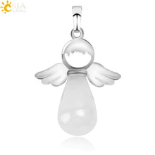 Load image into Gallery viewer, CSJA Natural Stones Angels Pendant for Necklace Pink Quartz Onyx Pendants Silver-color Water Drop Female Child Jewelry Gift E949
