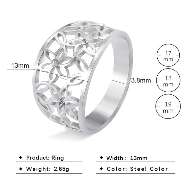 Dawapara Hollow Flower of Life Wedding Bands Rose Gold Stainless Steel Jewelry Crystal  Engagement Ring