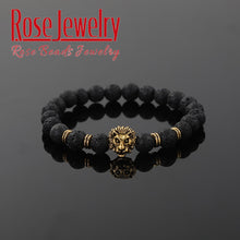 Load image into Gallery viewer, Men Bracelet Natural Stone Hematite Lava Beads Bracelet Gold Silver Color Lion Head Cown Charm Bracelet Jewelry for Women Men
