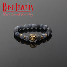 Load image into Gallery viewer, Men Bracelet Natural Stone Hematite Lava Beads Bracelet Gold Silver Color Lion Head Cown Charm Bracelet Jewelry for Women Men
