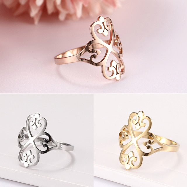 Dawapara Hyperbole Party Rings Four-leaf Clover Hollow Wedding Bands Ring Stainless Steel Jewelry Rose Gold