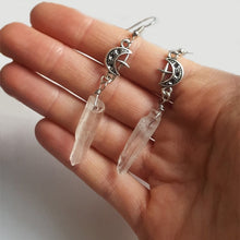 Load image into Gallery viewer, Clear Quartz Moon Earrings - Boho, Witchy, Natural Stones, Esoteric, Celestial, Alternative, Nugoth, Gothic, Romantic.star Gift
