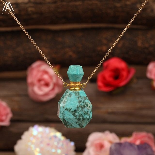Beauty Essential Oil Pendant Jewelry Natural Smoky Color Quartz Turquoises Fluorite Perfume Bottle For Women Necklace Jewelry