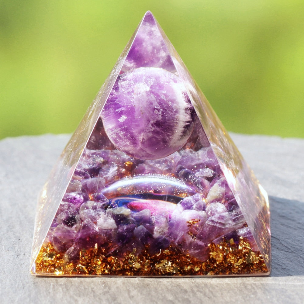 Glow In The Dark Planet Orgone Pyramid  Amethyst Sphere Healing Orgonite  Energy Generator Pyramid Jewelry Resin Decorative