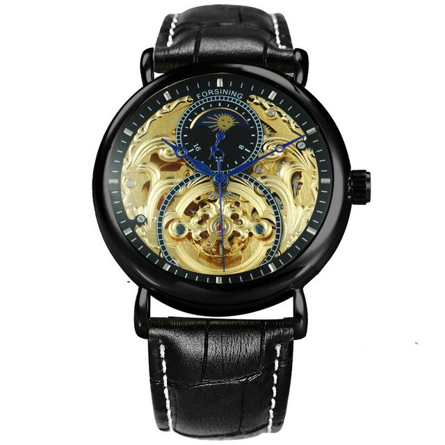 FORSINING Gold Watch Men Luxury Automatic Watches Mens 2020 Top Brand Leather Strap Wristwtach Sun Moon часы мужские спортивные