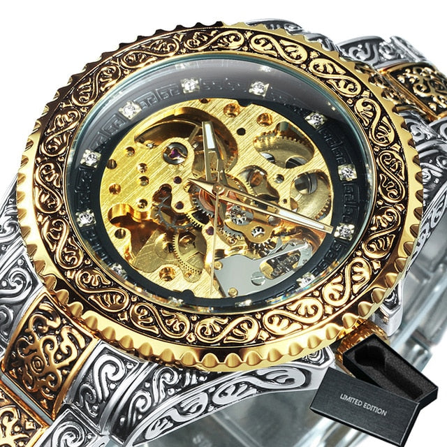 WINNER Gold Mens Watches Top Brand Luxury 2020 Automatic Mechanical Watch Men Skeleton Stainless Steel Strap Clock reloj hombre