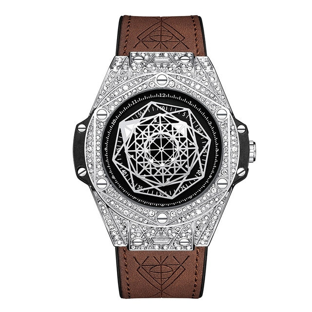 Top Luxury Brand Watch for Men Big Diamond Leather Analog fashion gold Watches Quartz Wristwatch Relogio Masculino
