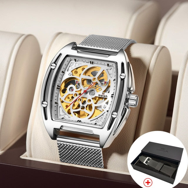 SWISH 2020 Mechanical Watch Men Gold Automatic Watch with Mesh Bracelet Luxury Waterproof Sports Skeleton Tourbillon Wristwatch