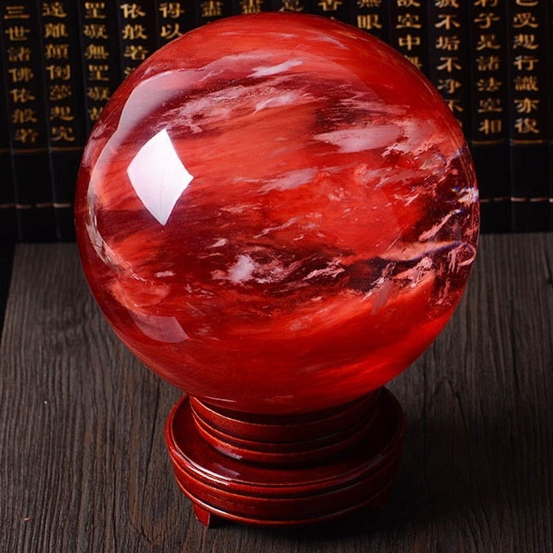 80mm Natural Red Citrine Calcite Quartz Crystal Sphere Ball Healing Gemstone With Stand