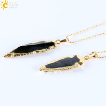 Load image into Gallery viewer, CSJA Natural Black Indian Onyx Arrowhead Pendant Electroplated Gold Color Raw Stone Energy Luxury Handmade Necklace Jewelry E310
