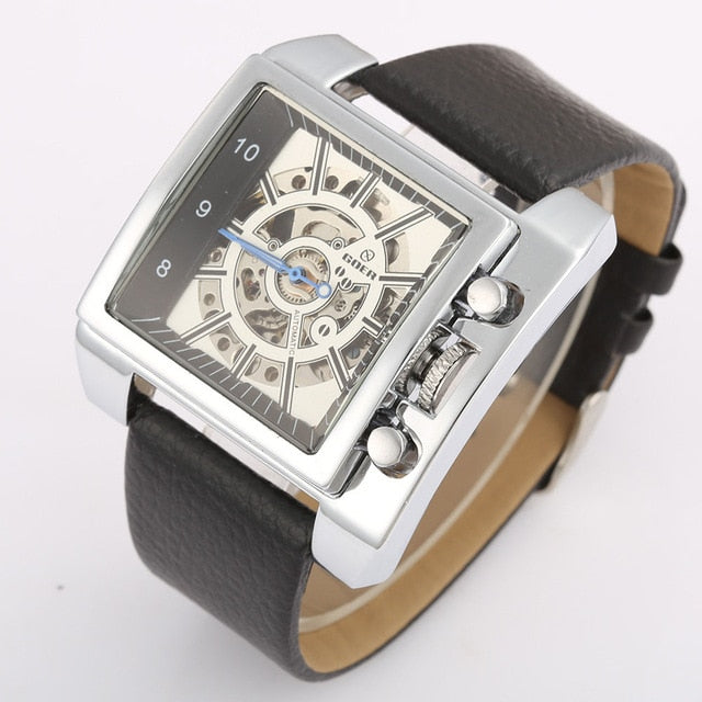 New 2020 Luxury Gold Square Mechanical Wristwatches Men Automatic Self-wind Skeleton Watches Men Sports Big Watches Leather Band