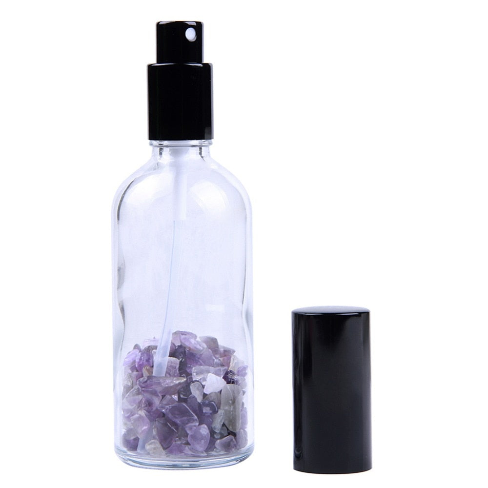 yaye 1pc Natural Gemstone Chips 100ml Clear Glass Bottles Spray Refillable Perfume Atomizer Travel Portable Black Cap
