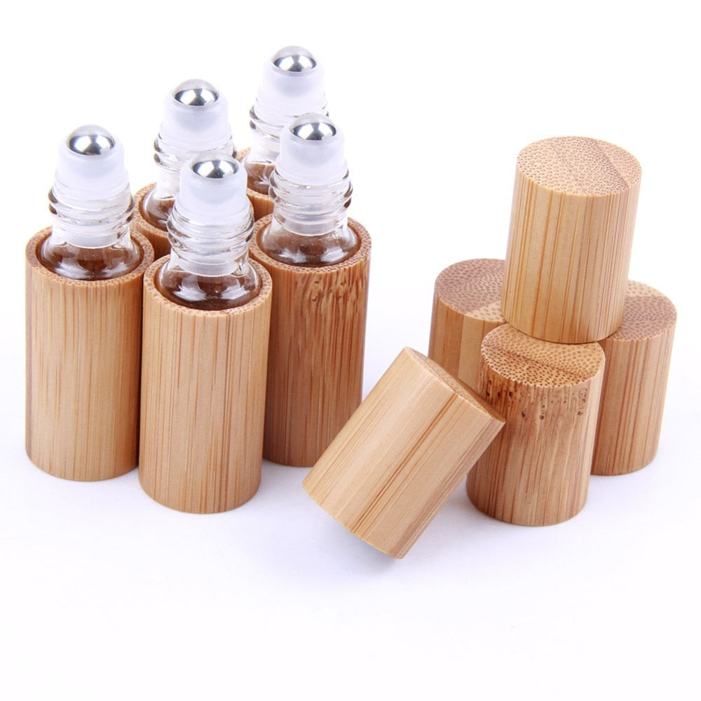 yaye 5pcs Empty Bamboo Lid Caps Stainless Steel Roller Ball Bottles Glass for Essential Oils Liquid Portable Reuseable Jars 5ml
