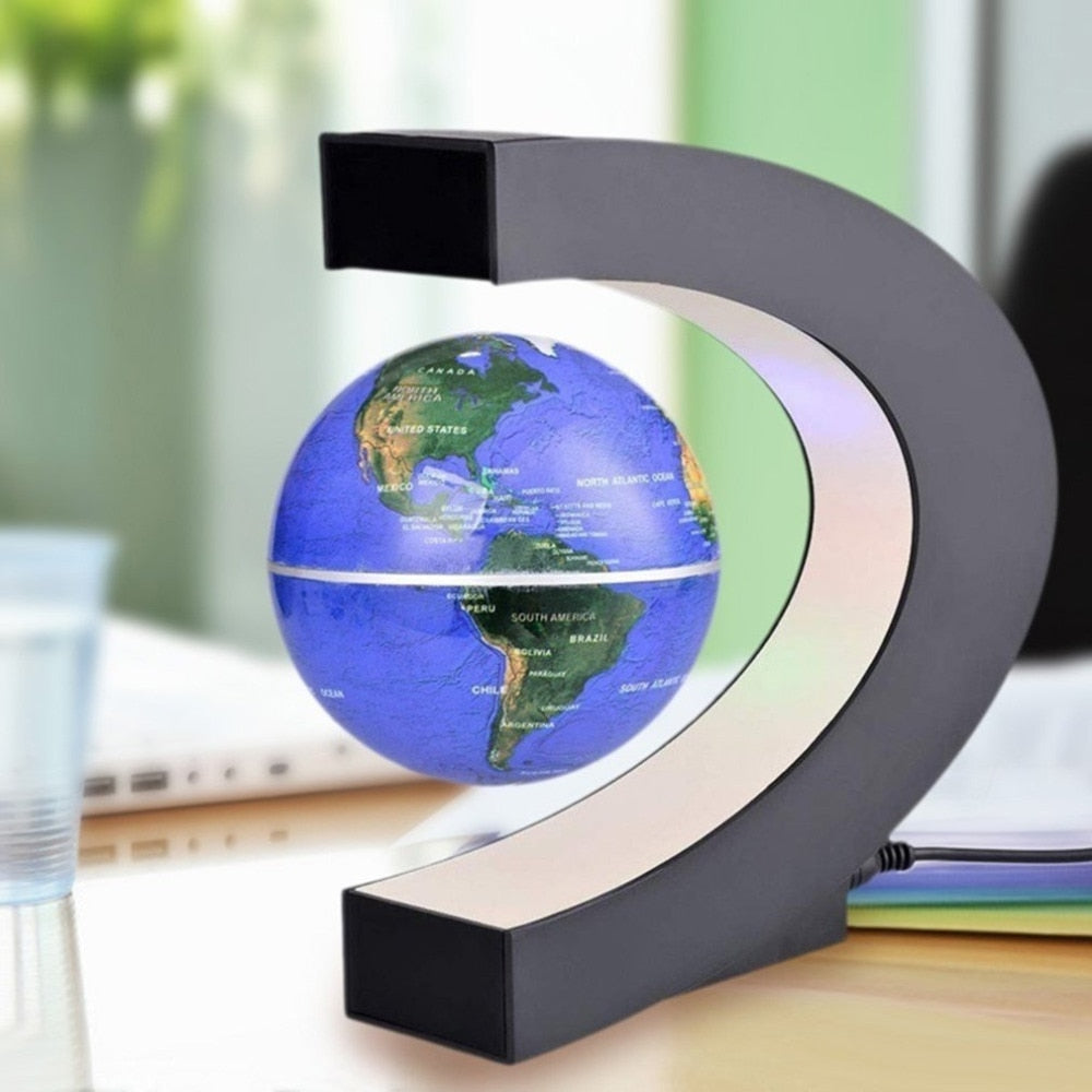 C shape Black Blue LED World Map Decor Home Electronic Magnetic Levitation Floating Globe Antigravity LED Light Gift Decoration